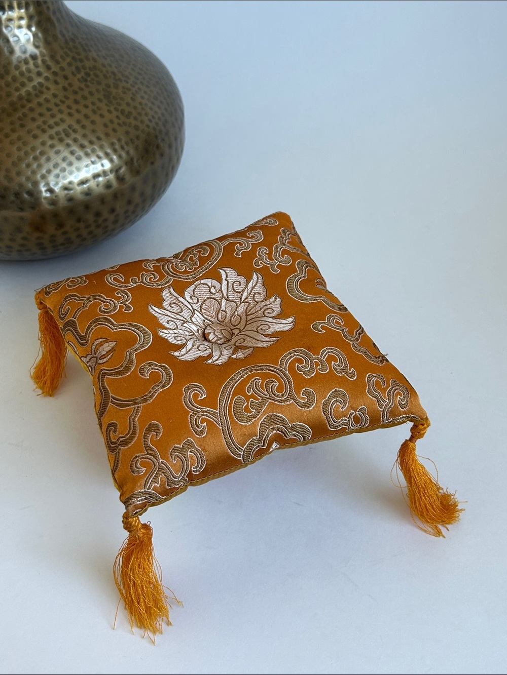 Vintage Decorative Golden Silk Floral Embossed Accent Pillow w/ Braided Tassels